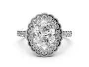 Oval Cut Diamond Milgrain Floral Halo Engagement Ring Set in White gold with Pavé Band