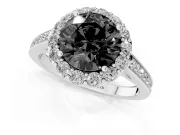 Fancy Black Round Cut Diamond Floral Halo Ring Set in White gold with Pavé Band and Prong Setting