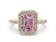 Fancy Pink Emerald Cut Diamond Halo Ring Set in Yellow gold with Pavé-Setting Band and Open Prong Center