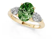 Fancy Green Three-Stone Oval Cut Diamond Ring Set in Yellow gold with Pear Side Stones and Prong Setting