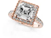Asscher Cut Diamond Milgrain Floral Halo Engagement Ring Set in Rose gold with Pavé Band