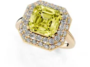 Fancy Yellow Asscher Cut Diamond Halo Engagement Ring Set in Yellow gold with Solitaire Band and Prong Setting