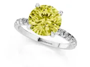 Fancy Yellow Round Cut Diamond Brilliant Solitaire Ring Set in Platinum with Pavé Band and Prong Setting