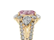Fancy Pink Emerald Cut Diamond Halo Split Shank Engagement Ring Set in Yellow gold with Prong-Held Center Stone