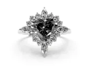 Fancy Black Heart Cut Diamond Cluster Halo Ring Set in Silver with Marquise and Round Accents
