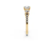 Three-Stone Cushion Cut Diamond Pavé Band Ring Set in Yellow gold with Prong-Set Trio