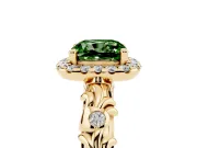 Cushion Cut Leaf Halo Engagement Ring Setting for a Fancy Green Lab-Grown Diamond | Bezel Accents | Yellow Gold
