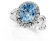 Fancy Blue Oval Cut Diamond Halo Ring Set in Silver with Scrollwork Band and Prong Setting