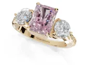 Radiant Cut Three Stone Engagement Ring Setting for a Fancy Pink Lab-Grown Diamond | Tapered Pave Band | Yellow Gold