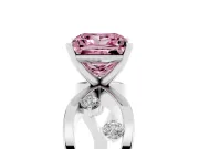 Fancy Pink Princess Cut Diamond Solitaire Ring Set in Platinum with Side Stones on Criss-Cross Band and Prong Setting