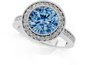Fancy Blue Round Cut Diamond Halo Engagement Ring Set in Platinum with Pavé Band and Round Halo Stones
