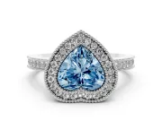 Fancy Blue Heart Cut Diamond Halo Ring Set in White gold with Pavé Band and Milgrain-Edged Prongs