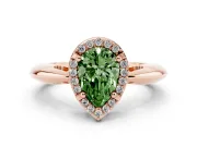 Fancy Green Pear Cut Diamond Halo Engagement Ring Set in Rose gold with Plain Split Shank and Prong Setting