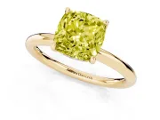 Fancy Yellow Cushion Cut Diamond Solitaire Ring Set in Yellow gold with Thin Band and Prong Setting