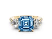 Asscher Cut Three-Stone Engagement Ring Setting for a Fancy Blue Lab-Grown Diamond | Yellow Gold