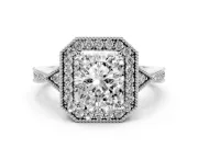Radiant Cut Diamond Halo Engagement Ring Set in White gold with Milgrain Pavé Band