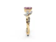 Fancy Pink Emerald Cut Diamond Floral Vine Solitaire Engagement Ring Set in Yellow gold with Marquise Leaves
