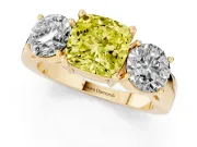 Cushion Cut Three Stone Engagement Ring Setting for a Fancy Yellow Lab-Grown Diamond | Wide Plain Band | Yellow Gold