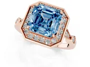Asscher Cut Halo Engagement Ring Setting for a Fancy Blue Lab-Grown Diamond | Bezel Station Shoulders | Rose Gold