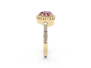 Fancy Pink Heart Cut Diamond Halo Engagement Ring Set in Yellow gold with Milgrain Detail and Pavé Band