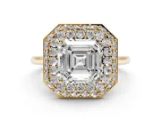 Asscher Cut Pave Halo Engagement Ring Setting | Slim Plain Band | Yellow Gold