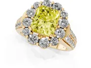 Fancy Yellow Radiant Cut Diamond Halo Engagement Ring Set in Yellow gold with Split Shank and Prong Setting