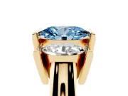 Fancy Blue Oval Cut Diamond Three-Stone Channel Set Ring Set in Yellow gold with Smooth Polished Band