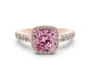 Fancy Pink Cushion Cut Diamond Halo Engagement Ring Set in Rose gold with Pavé Band and Prong Setting