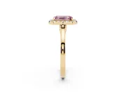 Fancy Pink Emerald Cut Halo Round Diamond Solitaire Ring Set in Yellow gold with Pavé Band and Prong Setting