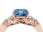 Fancy Blue Princess Cut Diamond Cluster Ring Set in Rose gold with Round Accent Stones and Prong Setting on a Plain Band