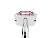 Fancy Pink Emerald Cut Diamond Halo Engagement Ring Set in White gold with Plain Split Shank and Prong Setting