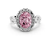 Fancy Pink Oval Cut Diamond Halo Ring Set in White gold with Scrollwork Band and Prong Setting