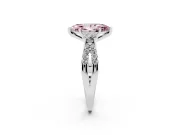 Fancy Pink Marquise Cut Diamond Three-Stone Ring Set in Platinum with Pavé Split Shank and Prong Setting