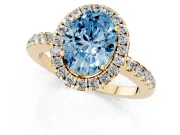 Fancy Blue Oval Cut Diamond Pavé Band Halo Engagement Ring Set in Yellow gold with Prong Setting