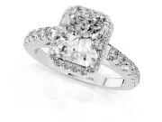 Radiant Cut Diamond Halo Engagement Ring Set in Platinum with Pavé Band and Prong Setting