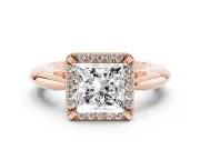 Princess Cut Diamond Halo Engagement Ring Set in Rose gold with Plain Split Shank and Prong Setting