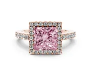 Fancy Pink Princess Cut Diamond Halo Pavé Solitaire Ring Set in Rose gold with Prong-Set Center Stone