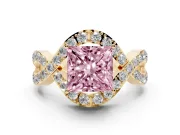 Fancy Pink Princess Cut Diamond Solitaire Twist Band Pavé Engagement Ring Set in Yellow gold