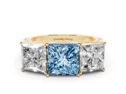Princess Cut Three Stone Engagement Ring Setting for a Fancy Blue Lab-Grown Diamond | Beaded Shoulders | Yellow Gold