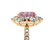 Fancy Pink Emerald Cut Diamond Floral Halo Ring Set in Yellow gold with Round Pavé Band and Prong Setting