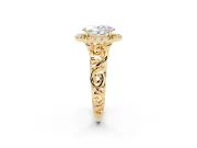 Oval Cut Diamond Halo Ring Set in Yellow gold with Scrollwork Band and Prong Setting