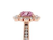 Fancy Pink Cushion Cut Diamond Halo Milgrain Pavé Ring Set in Rose gold with Prong Setting