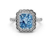 Fancy Blue Radiant Cut Diamond Milgrain Floral Halo Engagement Ring Set in Silver with Pavé Band
