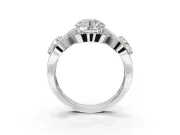 Round Three Stone Halo Engagement Ring Setting | Pavé Wave Band | Sterling Silver