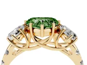 Fancy Green Heart Cut Diamond Three-Stone Ring Set in Yellow gold with Pavé Band