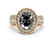 Fancy Black Oval Cut Diamond Scalloped Halo Ring Set in Yellow gold with Pavé Split Shank