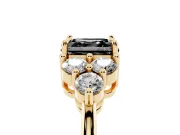 Fancy Black Asscher Cut Diamond Solitaire Ring Set in Yellow gold with Cluster Accents on Each Side