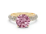 Fancy Pink Round Cut Diamond Solitaire Ring Set in Yellow gold with Prong Setting and Pavé-Set Band