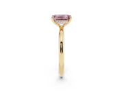 Fancy Pink Emerald Cut Diamond Solitaire Ring Set in Yellow gold with Thin Band and Prong Setting