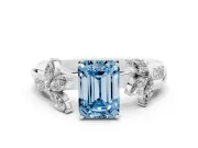 Fancy Blue Emerald Cut Diamond Floral Vine Solitaire Engagement Ring Set in Silver with Marquise Leaves